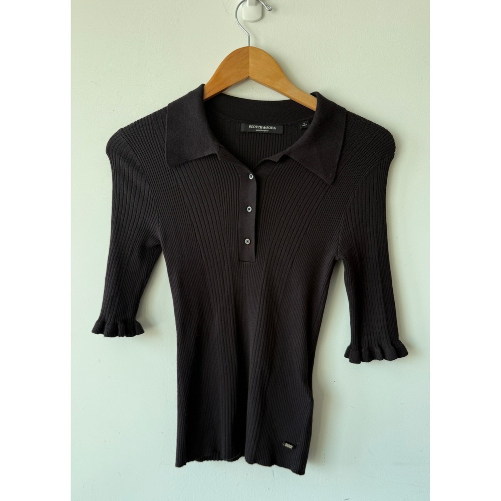 Scotch & Soda Ribbed Knit Polo Top Ruffle Cuff Black Small Womens Stretch